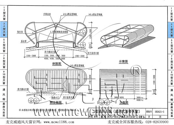 18J621-3型通風天窗(啟閉式屋脊天窗) 18J621-3型通風天窗(啟閉式屋脊天窗)