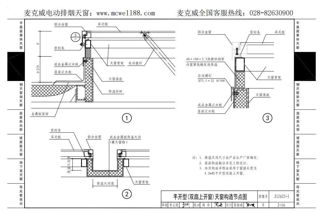 平開型(雙扇上開窗)天窗構造節點圖 平開型(雙扇上開窗)天窗構造節點圖